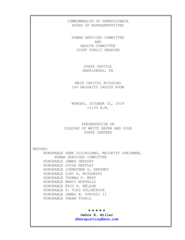 Commonwealth of Pennsylvania House of Representatives Human Services Committee and Health Committee Joint Public Hearing State C