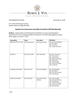 Speaker Vos Announces Assembly Committee GOP Membership