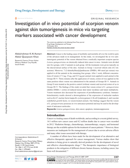 Investigation of in Vivo Potential of Scorpion Venom Against Skin Tumorigenesis in Mice Via Targeting Markers Associated with Cancer Development