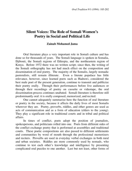 The Role of Somali Women's Poetry in Social and Political Life