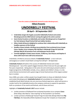 Hilton Presents UNDERBELLY FESTIVAL 28 April – 30 September 2017