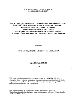 And 91-Av-19/4, Northwest Pacific and Bering Sea Sediment Geochemistry and Paleoceanographic Studies