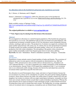 Sex Allocation Ratios in the Facultatively Polygynous Ant, Leptothorax Acervorum