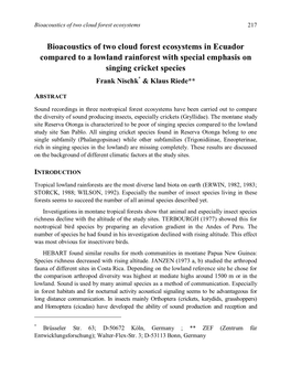 Bioacoustics of Two Cloud Forest Ecosystems in Ecuador Compared to a Lowland Rainforest with Special Emphasis on Singing Cricket Species Frank Nischk* & Klaus Riede**