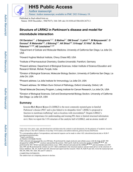 Structure of LRRK2 in Parkinson's Disease and Model for Microtubule