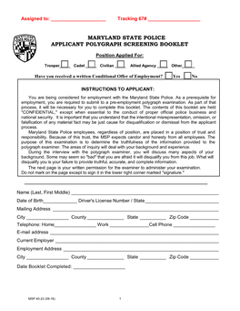 Maryland State Police Applicant Polygraph Screening Booklet