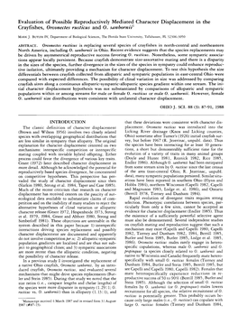 Evaluation of Possible Reproductively Mediated Character Displacement in the Crayfishes, Orconectes Rusticus and 0