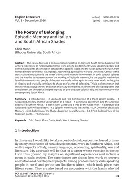 The Poetry of Belonging Episodic Memory and Italian and South African Shades