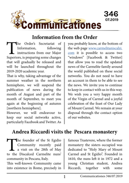 Information from the Order Andrea Riccardi Visits the Pescara Monastery