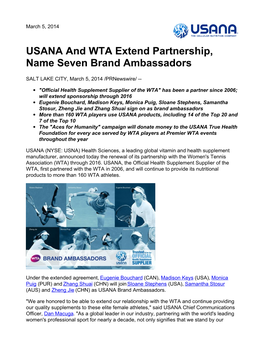 USANA and WTA Extend Partnership, Name Seven Brand Ambassadors