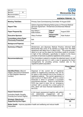 AGENDA ITEM NO: 7.0 Meeting Title/Date: Primary Care Commissioning Committee 18 August 2020