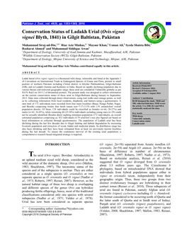 Conservation Status of Ladakh Urial (Ovis Vignei Vignei Blyth, 1841) in Gilgit Baltistan, Pakistan