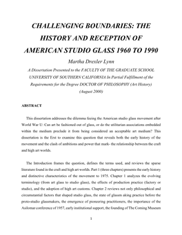 Challenging Boundaries: the History and Reception of American Studio Glass 1960 to 1990