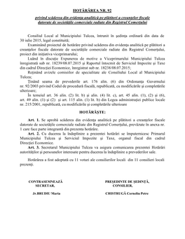 HOTĂRÂREA NR. 92 Privind Scăderea Din Evidenţa Analitică Pe