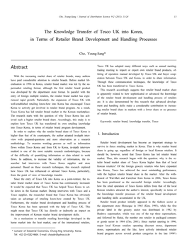 The Knowledge Transfer of Tesco UK Into Korea, in Terms of Retailer Brand Development and Handling Processes Abstract