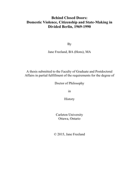 Behind Closed Doors: Domestic Violence, Citizenship and State-Making in Divided Berlin, 1969-1990