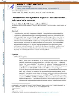 CHD Associated with Syndromic Diagnoses: Peri-Operative Risk Factors and Early Outcomes