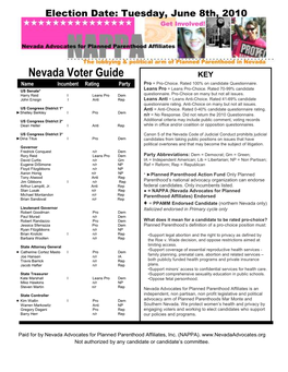 Nevada Voter Guide KEY Pro = Pro�Choice