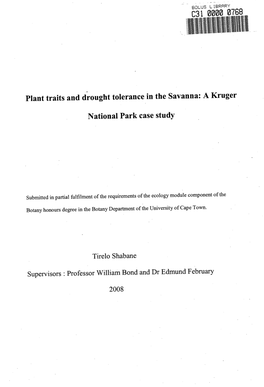 Plant Traits and Drought Tolernace in the Savanna : a Kruger National