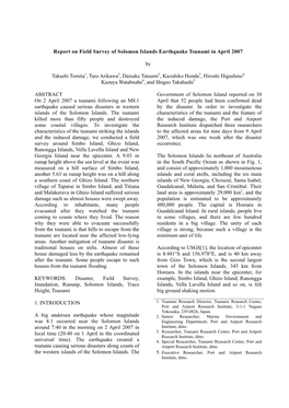 Report on Field Survey of Solomon Islands Earthquake Tsunami in April 2007