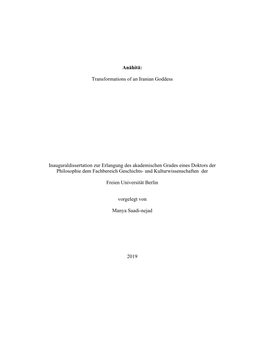 Anāhitā: Transformations of an Iranian Goddess Inauguraldissertation Zur