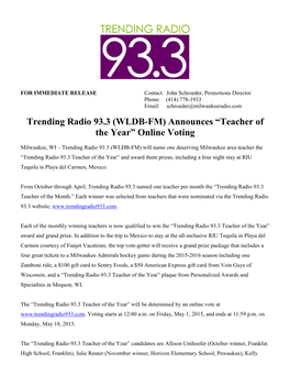 WLDB-FM) Announces “Teacher of the Year” Online Voting