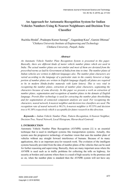 An Approach for Automatic Recognition System for Indian Vehicles Numbers Using K-Nearest Neighbours and Decision Tree Classifier^