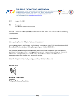 PHILIPPINE TAEKWONDO ASSOCIATION (Affiliate Member: WORLD TAEKWONDO FEDERATION & PHILIPPINE OLYMPIC COMMITTEE) Rizal Memorial Sports Complex, Pablo Ocampo Sr