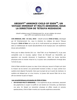 Ubisoft® Annonce Child of Edentm, Un Voyage Immersif Et Multi-Sensoriel Sous La Direction De Tetsuya Mizuguchi