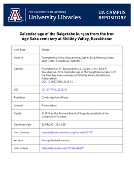 Calendar Age of the Baigetobe Kurgan from the Iron Age Saka Cemetery at Shilikty Valley, Kazakhstan