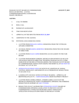 Ingham County Board of Commissioners August 27, 2019 Regular Meeting – 6:30 P.M