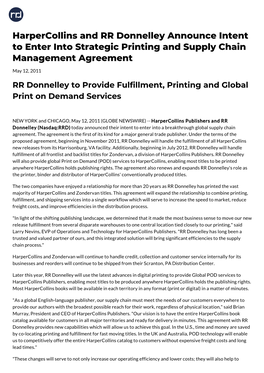 Harpercollins and RR Donnelley Announce Intent to Enter Into Strategic Printing and Supply Chain Management Agreement