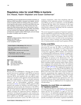 Regulatory Roles for Small Rnas in Bacteria Eric Masse´ , Nadim Majdalani and Susan Gottesman