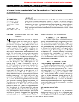 Micronutrient Status of Soils in Tarn Taran District of Punjab, India MEHARBAN SINGH