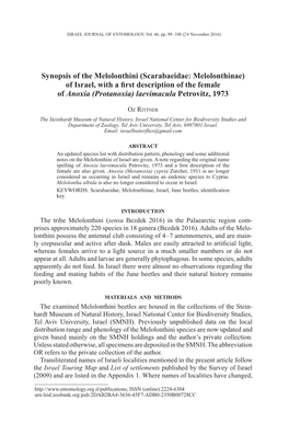 Synopsis of the Melolonthini (Scarabaeidae: Melolonthinae) of Israel, with a First Description of the Female of Anoxia (Protanoxia) Laevimacula Petrovitz, 1973