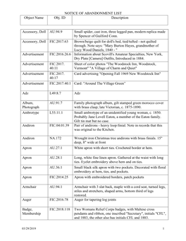 NOTICE of ABANDONMENT LIST Object Name Obj. ID Description