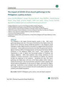 The Impact of COVID-19 on Church Gatherings in the Philippines: a Policy Analysis