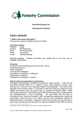 Pest Risk Analysis for Coleosporium Asterum STAGE 1: INITIATION 1