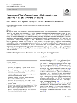 Polyomavirus Jcpyv Infrequently Detectable in Adenoid Cystic Carcinoma of the Oral Cavity and the Airways