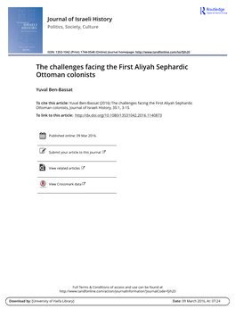 The Challenges Facing the First Aliyah Sephardic Ottoman Colonists