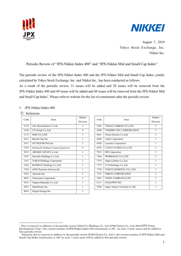 Periodic Review of “JPX-Nikkei Index 400” and “JPX-Nikkei Mid and Small Cap Index”