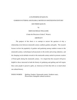 A FLOWERING of QUILTS: GARDEN PATTERNS and FLORAL MOTIFS in NINETEENTH CENTURY SOUTHERN QUILTS by ERIN RACHELLE WILLIAMS (Under