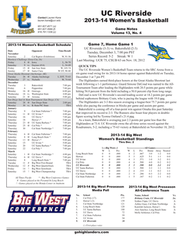 UC Riverside Contact Lauren Kane Lauren.Kane@Ucr.Edu 2013-14 Women’S Basketball 951.827.4571 (O) 951.827.3569 (F) Game Notes 916.761.1339 (C) Volume 13, No