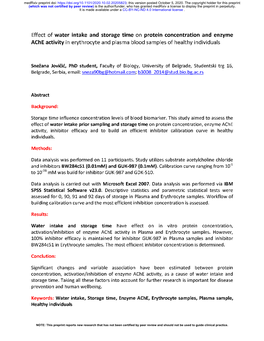 Effect of Water Intake and Storage Time on Protein Concentration and Enzyme Ache Activity in Erythrocyte and Plasma Blood Samples of Healthy Individuals