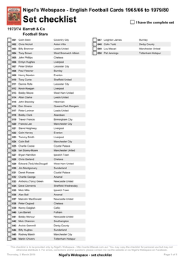Set Checklist I Have the Complete Set 1973/74 Barratt & Co Football Stars