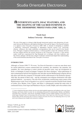 Intertextuality, Isiac Features, and the Shaping of the Sacred Feminine in the Trimorphic Protennoia (Nhc Xiii, 1)