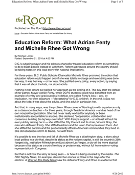 Education Reform: What Adrian Fenty and Michelle Rhee Got Wrong Page 1 of 3