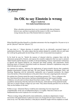 Its OK to Say Einstein Is Wrong Roger J Anderton R.J.Anderton@Btinternet.Com