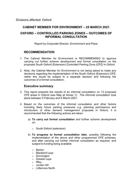 Controlled Parking Zones – Outcomes of Informal Consultation