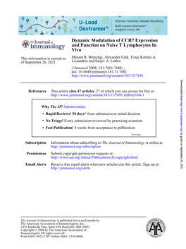 Vivo and Function on Naive T Lymphocytes in Dynamic Modulation of CCR7 Expression